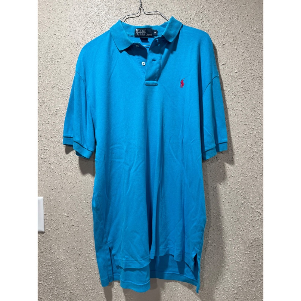 Polo Ralph Lauren Mens Blue Pink Pony Logo Short Sleeve Pique‎ Polo Shirt Size M